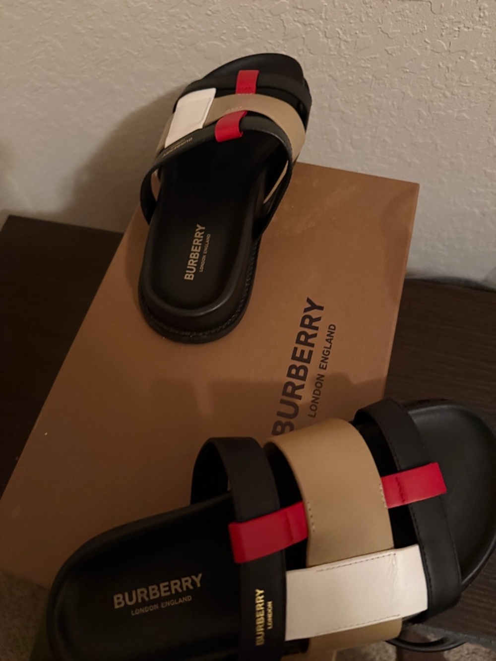 Burberry Black Slide Sandals with Beige, White & Red Straps - Picture 3 of 7